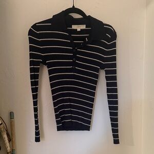 LOFT Navy and White Striped Polo Sweater